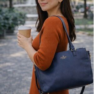 Kate Spade New York Navy Pebbled Leather Tote Satchel Crossbody Bag
